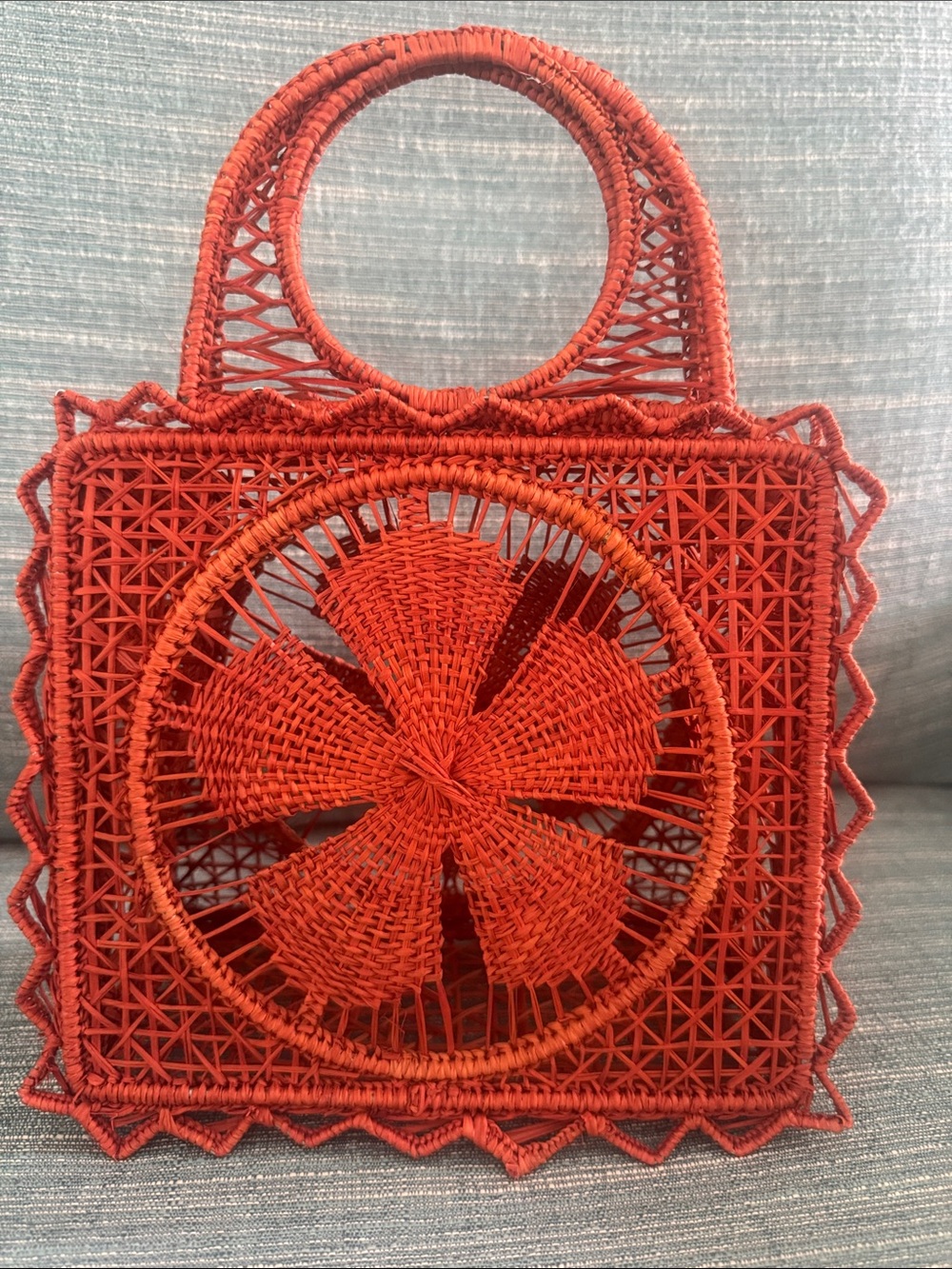 Handwoven Red Woven Tote Bag with Circular Motif